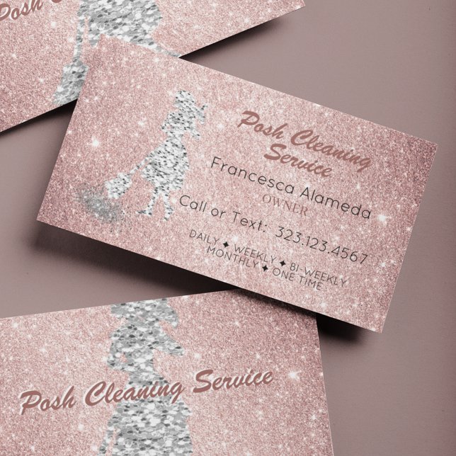 Cleaning Service Rose Gold Glitter Silver Template Business Card (Creator Uploaded)