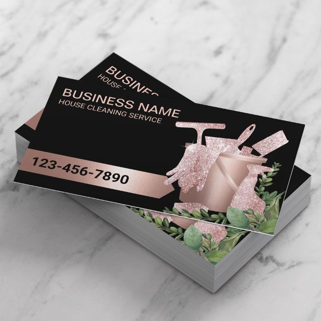 Cleaning Service Rose Gold Modern Greenery Business Card (Creator Uploaded)