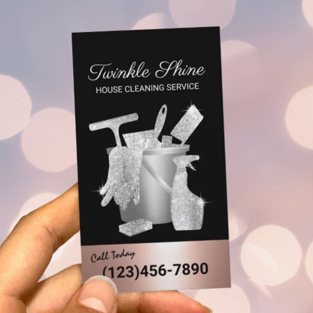 Cleaning Service Rose Gold & Silver House Keeping Business Card (Creator Uploaded)
