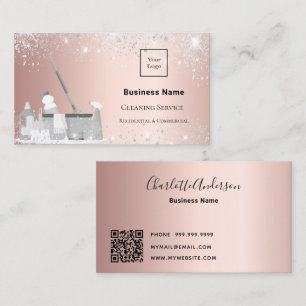 Cleaning service rose silver glitter dust logo QR Business Card