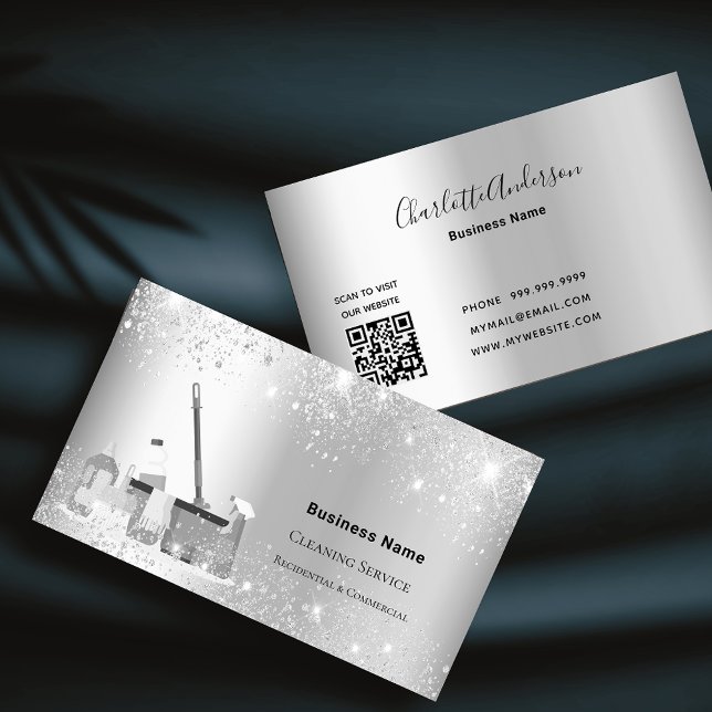 Cleaning service silver glitter dust QR code Business Card (Creator Uploaded)