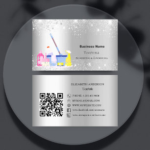 Cleaning service silver glitter dust QR code Business Card
