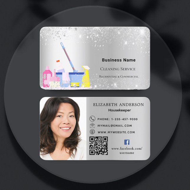 Cleaning service silver glitter dust QR code photo Business Card (Creator Uploaded)