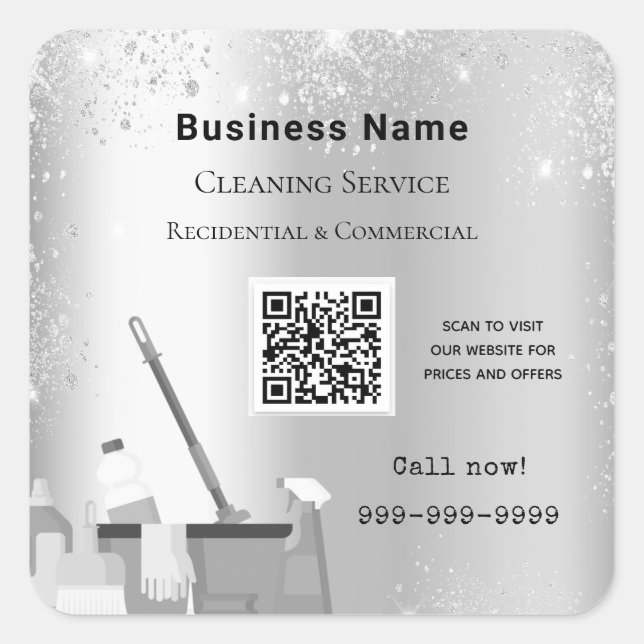 Cleaning service silver glitter dust QR code Square Sticker (Front)