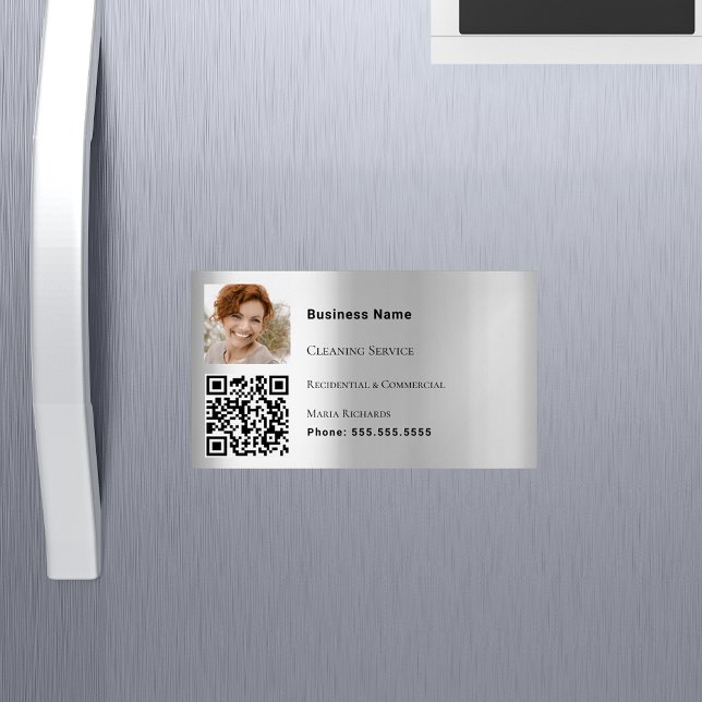 Cleaning service silver photo QR code Magnetic Business Card (Creator Uploaded)