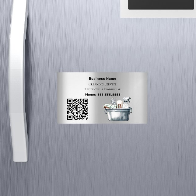 Cleaning service silver QR code Magnetic Business Card (Creator Uploaded)