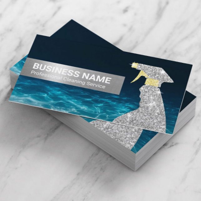 Cleaning Service Silver Spray Bottle Blue Water Business Card (Creator Uploaded)