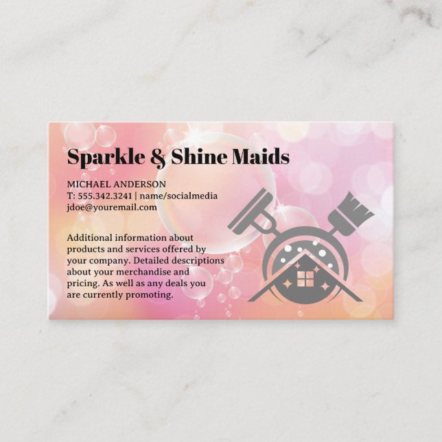 Cleaning Service | Soap Bubbles Brooms Mop Business Card (Front)