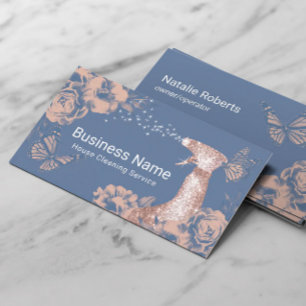 Cleaning Service Vintage Pink Floral Dusty Blue Business Card