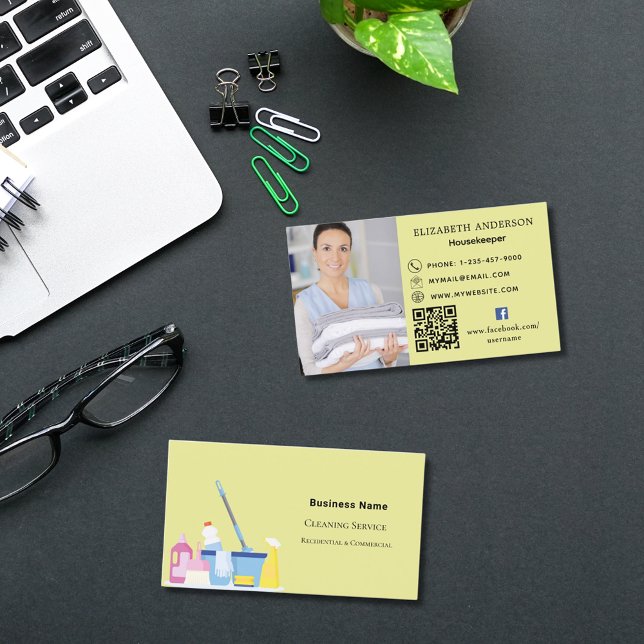 Cleaning service yellow photo QR code premium Business Card (Creator Uploaded)