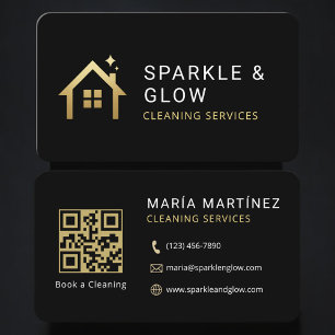 Cleaning Services Black Gold QR Code Professional Business Card