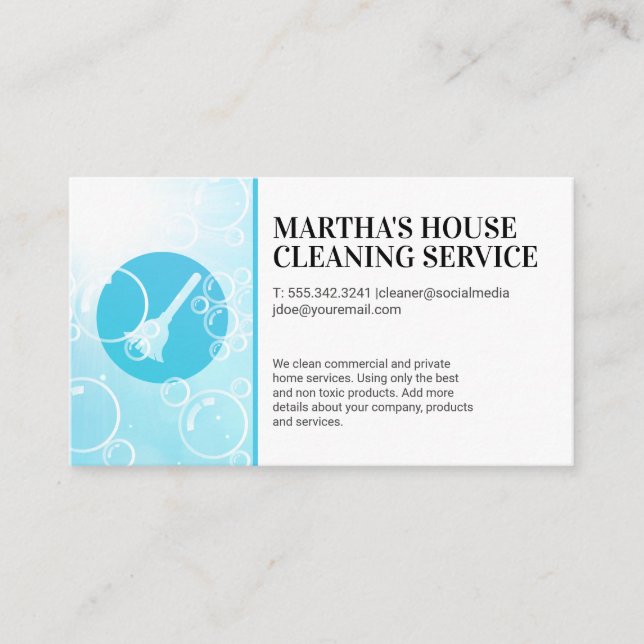 Cleaning Services | Broom Logo | Soap Bubbles Business Card (Front)