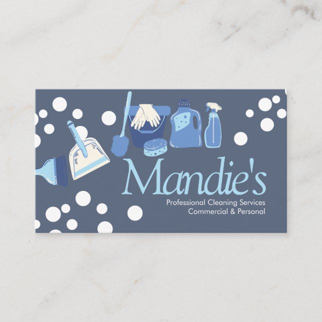 Cleaning Services Bubbles Blue  Business Card (Front)