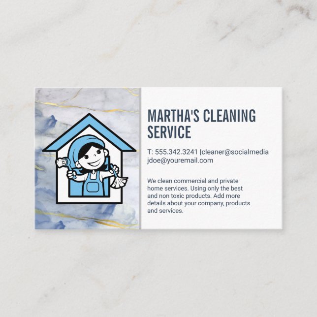 Cleaning Services | Cartoon Maid Dusting Business Card (Front)