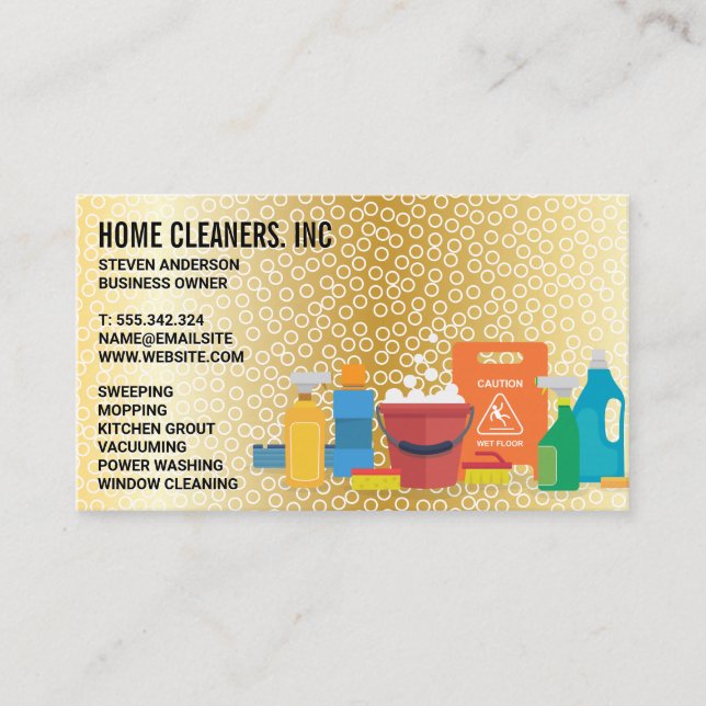 Cleaning Services | Circle Pattern | Gold Metallic Business Card (Front)