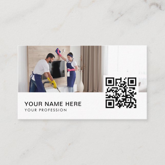 Cleaning Services couple Photographer QR Code  Business Card (Front)