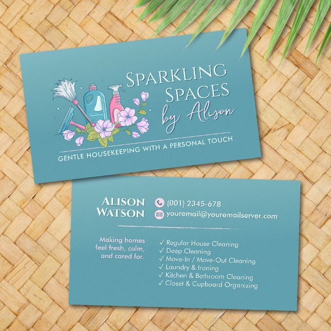 Cleaning Services - Elegant Floral Teal and Pink Business Card (Creator Uploaded)