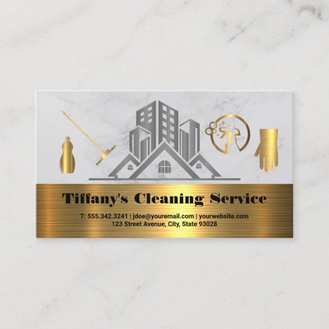 Cleaning Services | Gold Metallic Icons Business Card (Front)