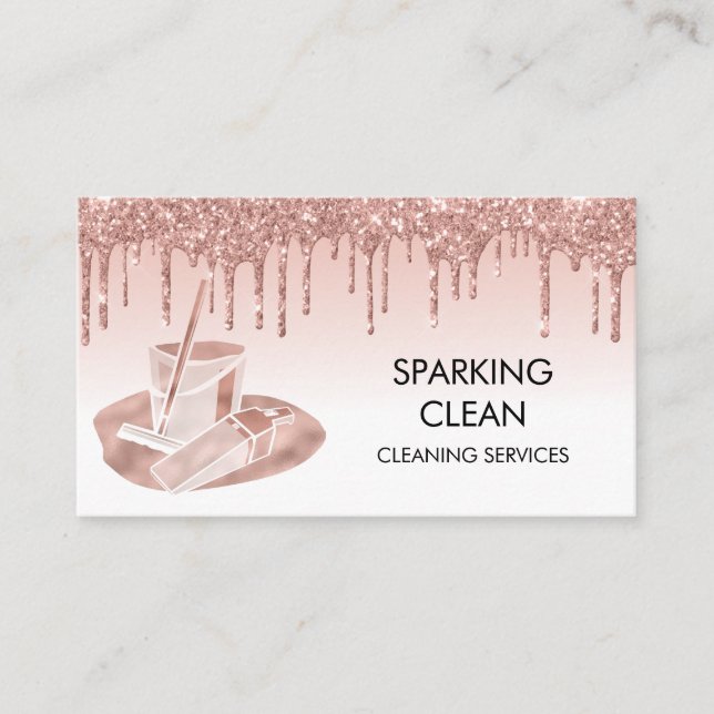 Cleaning Services Home Business Rose Gold Drips Business Card (Front)