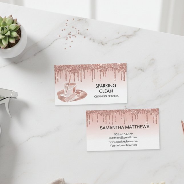 Cleaning Services Home Business Rose Gold Drips Business Card (Creator Uploaded)