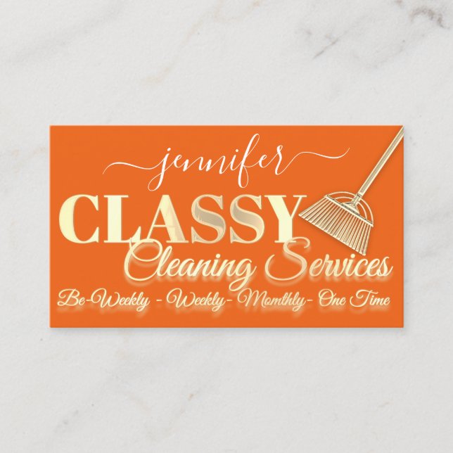 Cleaning Services House Keeping Maid Orange Gold Business Card (Front)