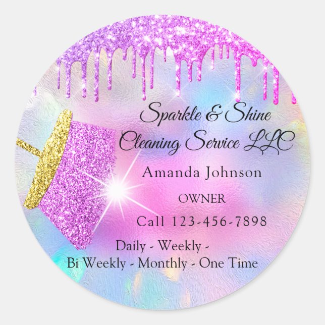 Cleaning Services House Pink Drips Holograph Classic Round Sticker (Front)