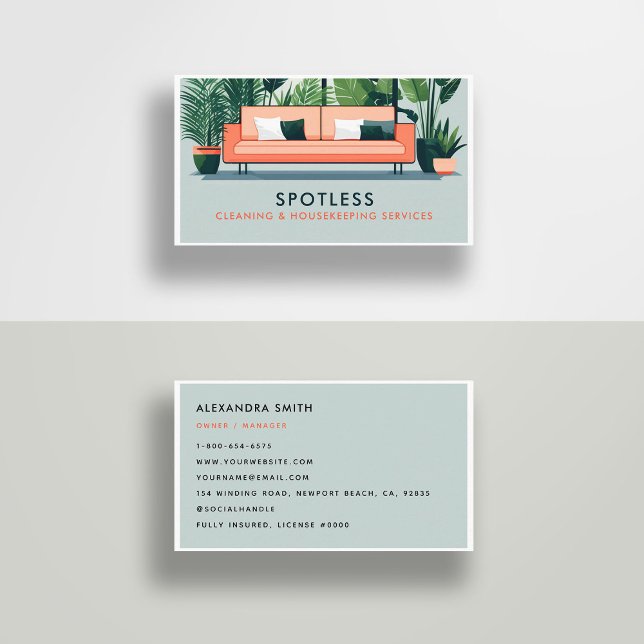 Cleaning Services Housekeeping Retro Chic Classy Business Card (cleaning housekeeper janitorial business card retro vintage elegant modern chic simple minimal)