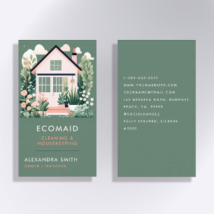 Cleaning Services Housekeeping Scandi House Green Business Card
