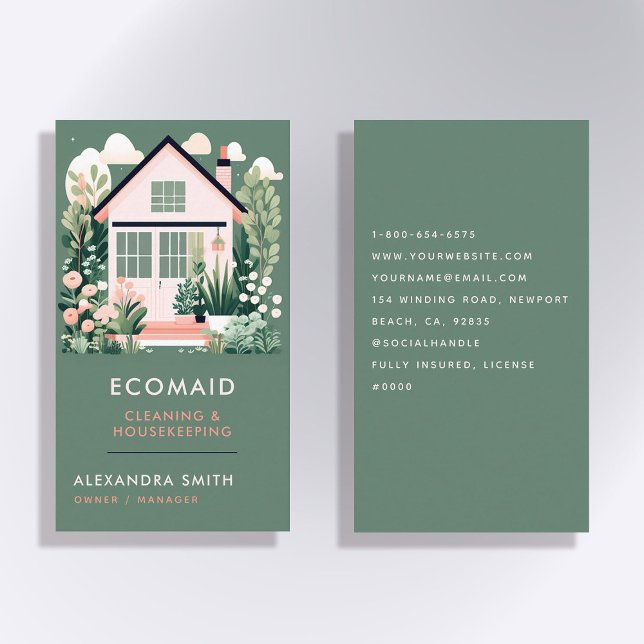 Cleaning Services Housekeeping Scandi House Green Business Card (cleaning housekeeper janitorial business card scandi scandinavian elegant modern green simple classy)