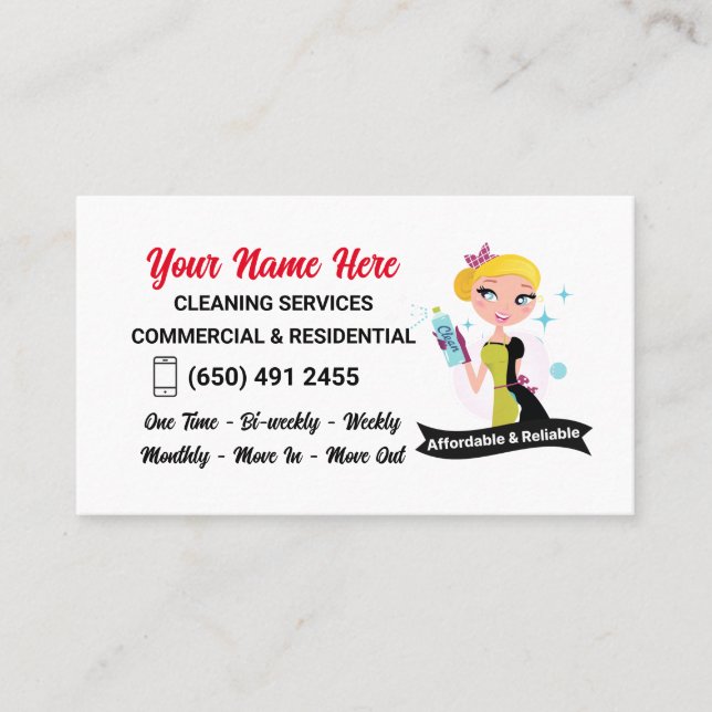 Cleaning Services Janitor Lady Business Card (Front)