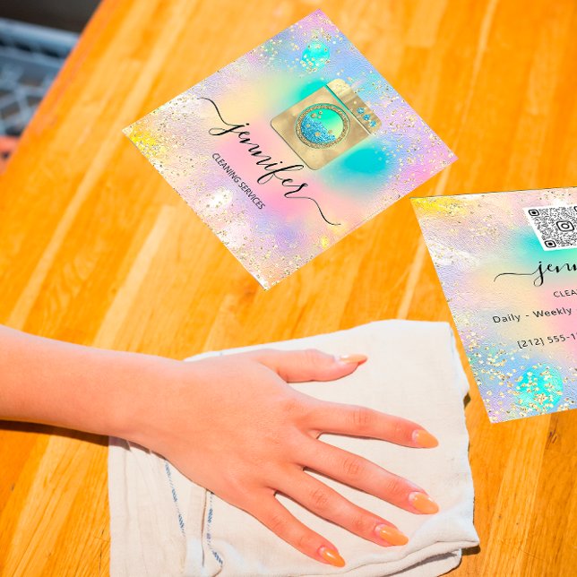 Cleaning Services Laundry QR Codo Logo Holograph Square Business Card (Cleaning Services Laundry QR Codo Logo Holograph Square Business Card)