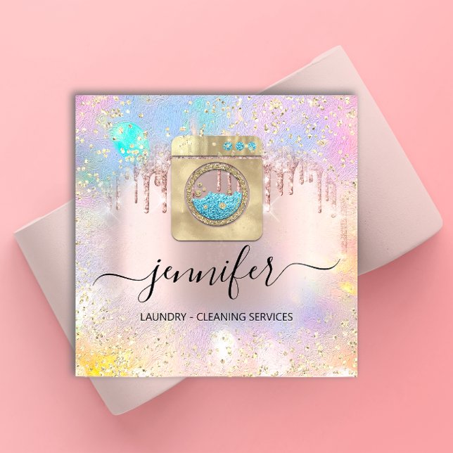 Cleaning Services Laundry QR Codo Logo Rose Drip Square Business Card (Creator Uploaded)