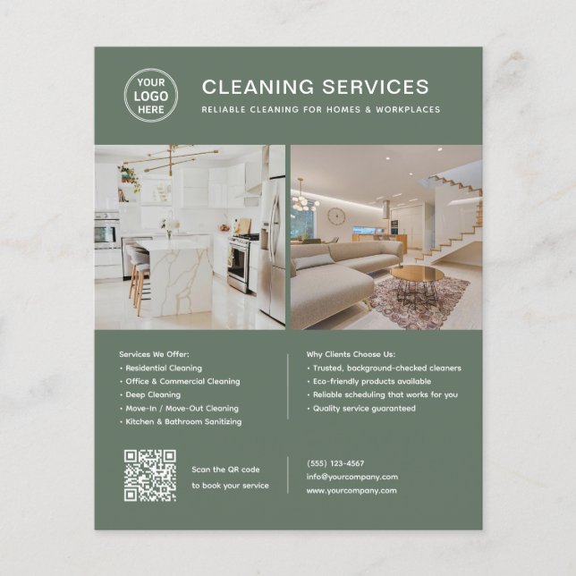 Cleaning Services Logo Photo QR Code Green Flyer (Front)