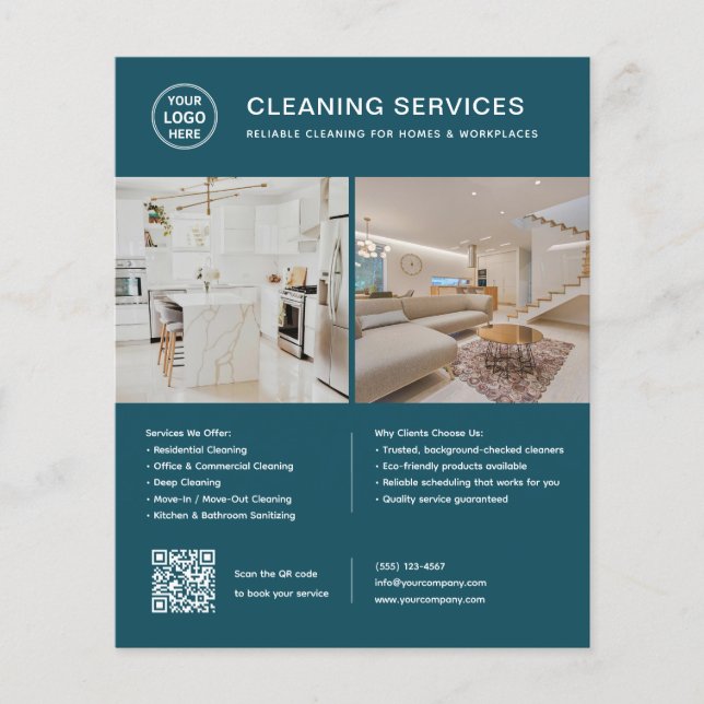 Cleaning Services Logo Photo QR Code Teal Flyer (Front)