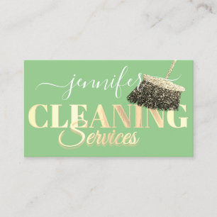 Cleaning Services Maid Golden Mint Green Logo QR  Business Card