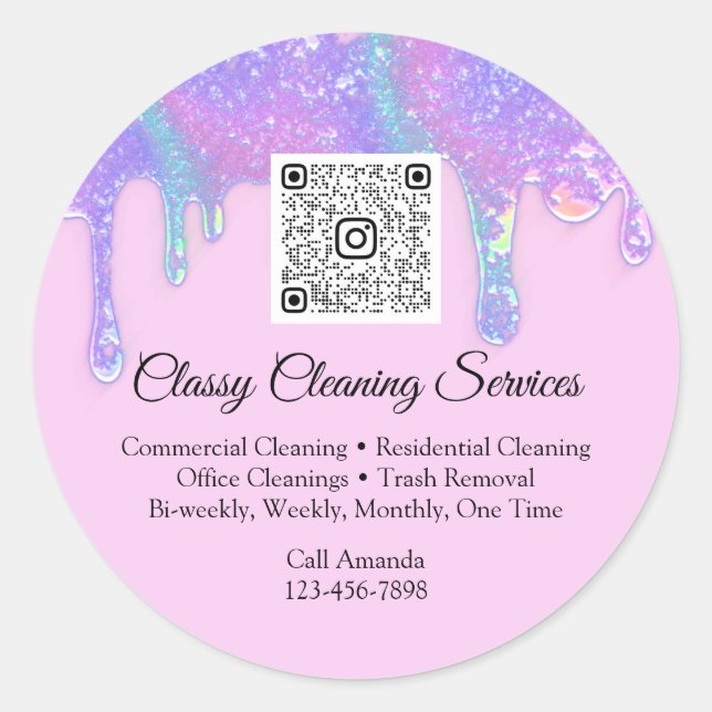 Cleaning Services Maid Housekeeper QRCode Drips Cl Classic Round Sticker (Front)