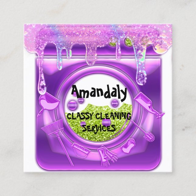 Cleaning Services QRCode Laundy Drips Purple Soap  Square Business Card (Front)