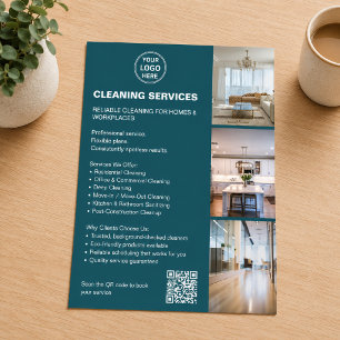Cleaning Services Teal Photo Logo QR Flyer