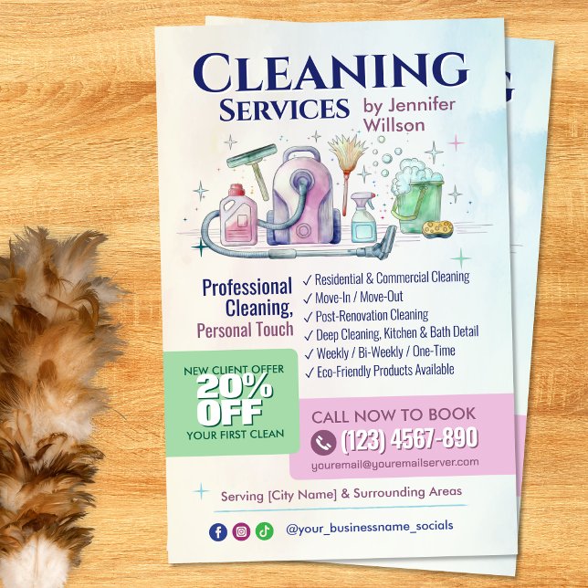 Cleaning Services - Watercolor illustration Flyer (Creator Uploaded)