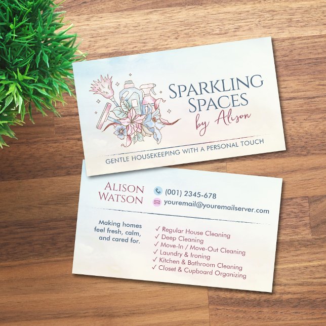 Cleaning Services - Watercolor style design Busine Business Card (Creator Uploaded)