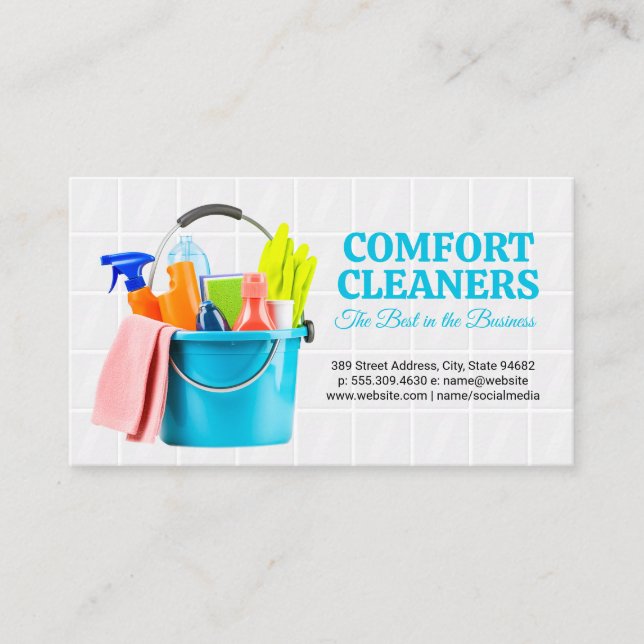 Cleaning Supplies in Bucket | Tiles Business Card (Front)