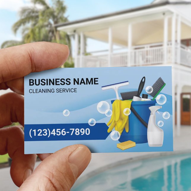 Cleaning Supplies Maid Service Modern Blue Curves Business Card (Creator Uploaded)