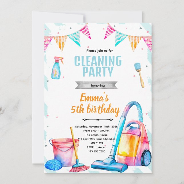Cleaning theme girl party invitation (Front)