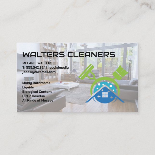 Cleaning Tools Services Logo | House Living Room Business Card (Front)