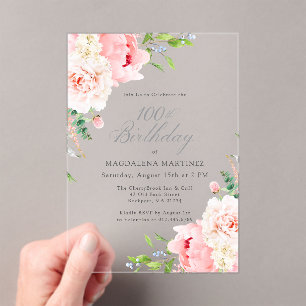 CLEAR ACRYLIC 100th Birthday Pink Peony Floral Invitations