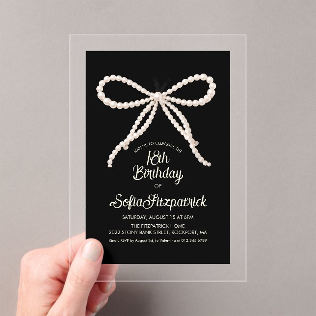 CLEAR ACRYLIC 18th Birthday Black White Pearl Bow Invitations (Insitu (Handheld))