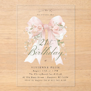 CLEAR ACRYLIC 21st Birthday Pink Bow Rose Floral I Invitations