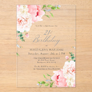 CLEAR ACRYLIC 21st Birthday Pink Peony Floral Invitations