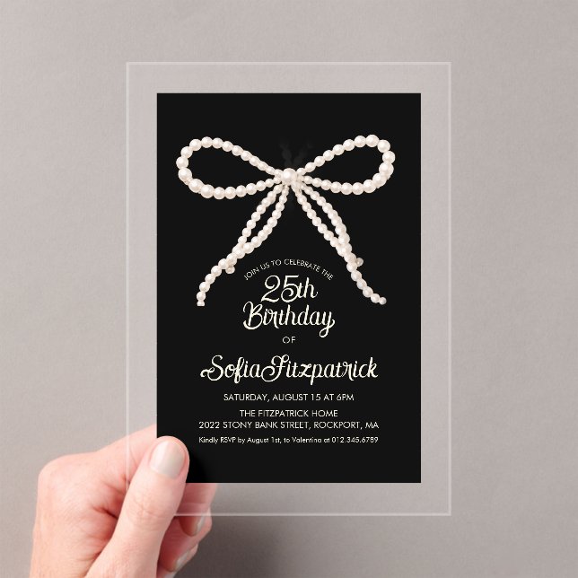 CLEAR ACRYLIC 25th Birthday Black White Pearl Bow Invitations (Insitu (Handheld))