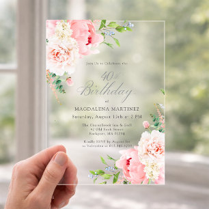 CLEAR ACRYLIC 40th Birthday Pink Peony Floral Invitations